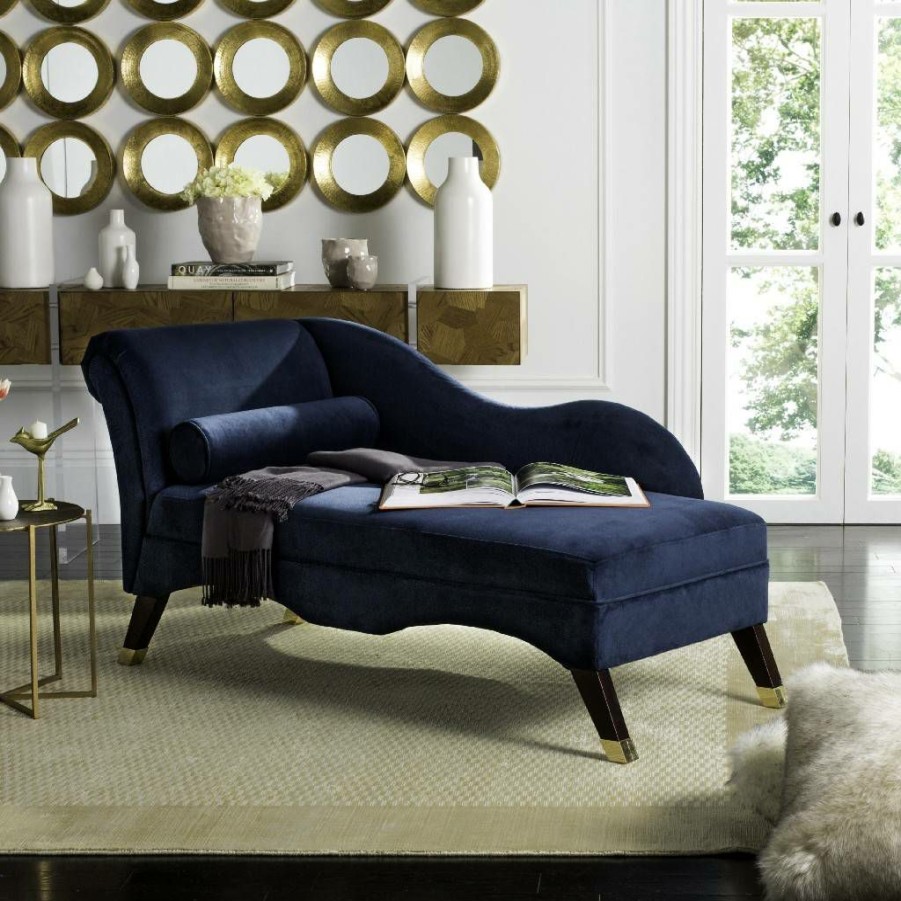 Living Furniture * | Hot Selling Caiden Vevlet Chaise W/ Pillow In Navy/Espresso Safavieh Fox6284A