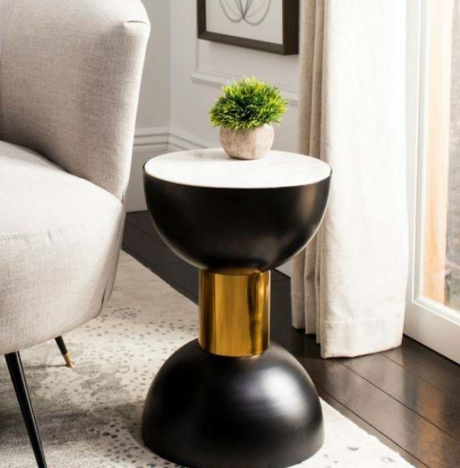 Living Furniture * | Limit Offer Zephyr Round Accent Table In White Marble/Black/Gold Safavieh Acc3212A