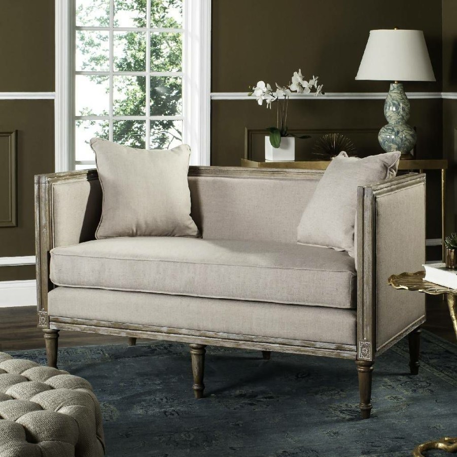 Living Furniture * | Excellent Quality Leandra Linen French Country Settee In Taupe/Rustic Oak Safavieh Fox6237B