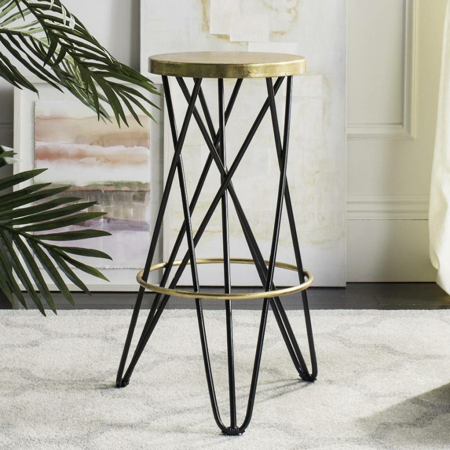 Furniture * | Limit Offer Lorna Gold Leaf Bar Stool In Black/Gold Safavieh Fox3254D