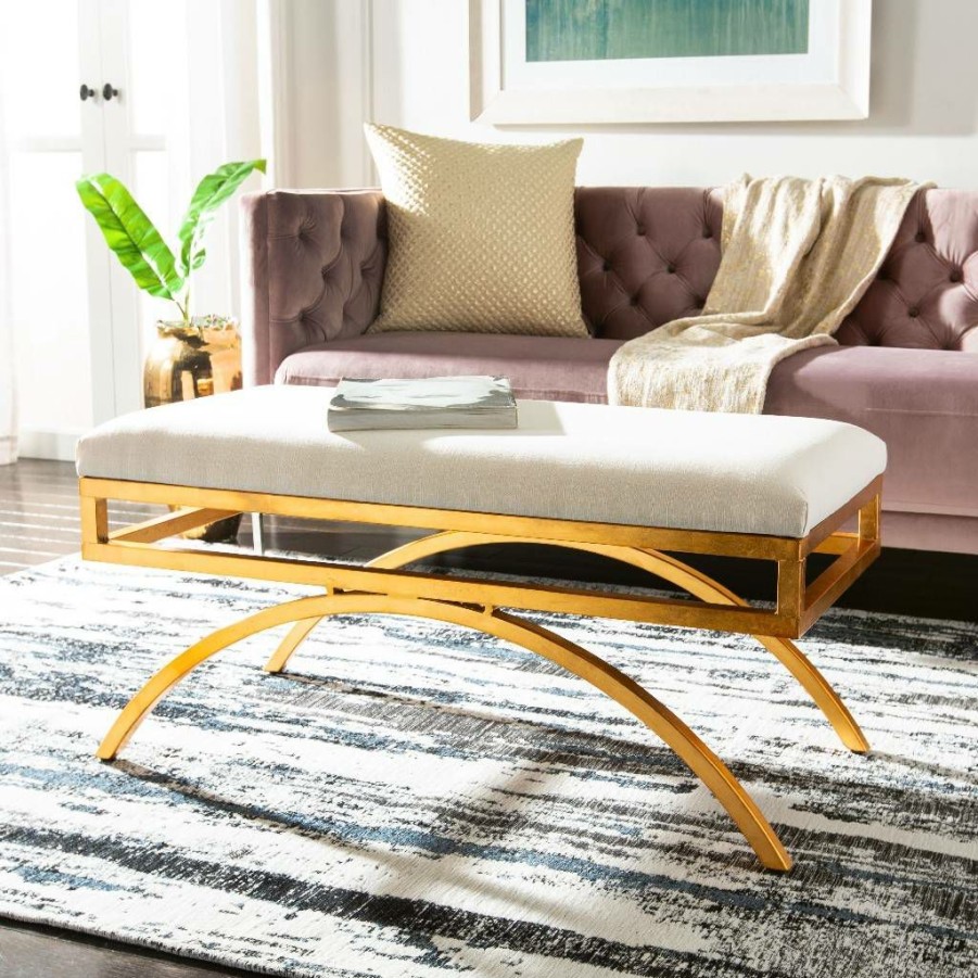 Living Furniture * | Limit Offer Moon Arc Linen Bench In Light Beige/Gold Safavieh Fox6250C