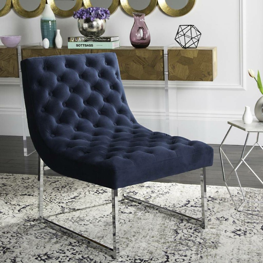 Living Furniture * | Classical Hadley Velvet Tufted Accent Chair In Navy Safavieh Fox6283B