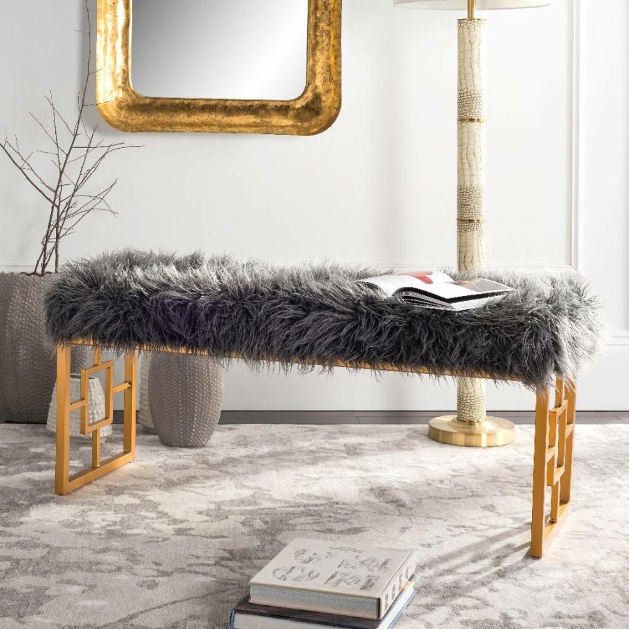 Living Furniture * | Online Mera Faux Sheepskin Bench In Grey Safavieh Fox6291A