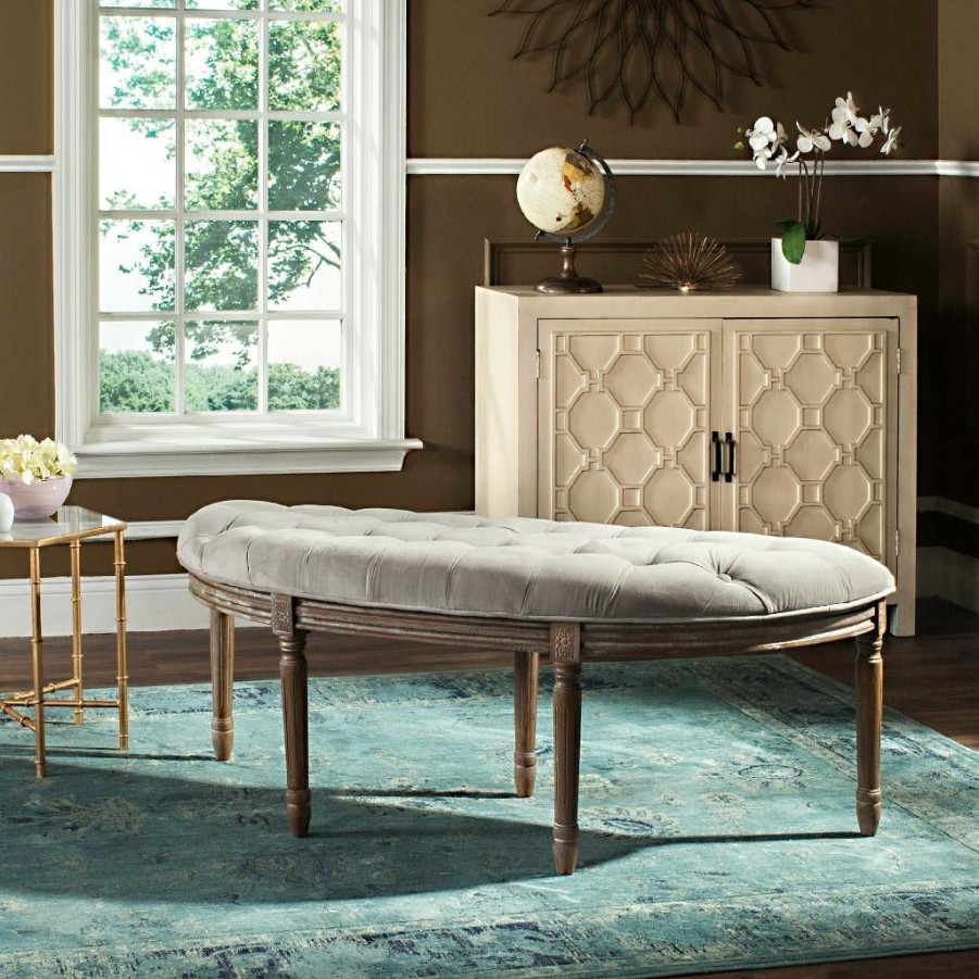 Living Furniture * | Clearance Sale Abilene Tufted Rustic Semi Circle Bench In Grey/Rustic Oak Safavieh Fox6238B